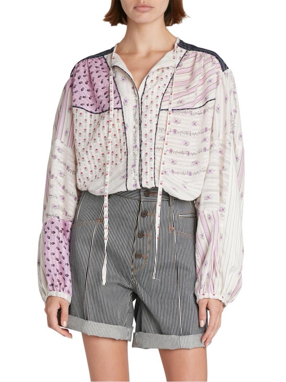 NWT Isabel Marant Fazenia Patchwork Blouson-Sleeve Shirt